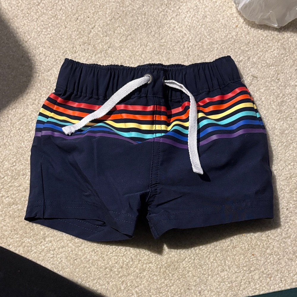 Kids Navy Rainbow Stripe Swim Trunks